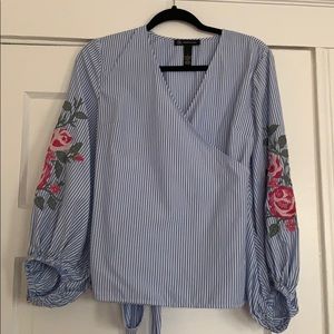 INC peasant style striped blouse with flowers